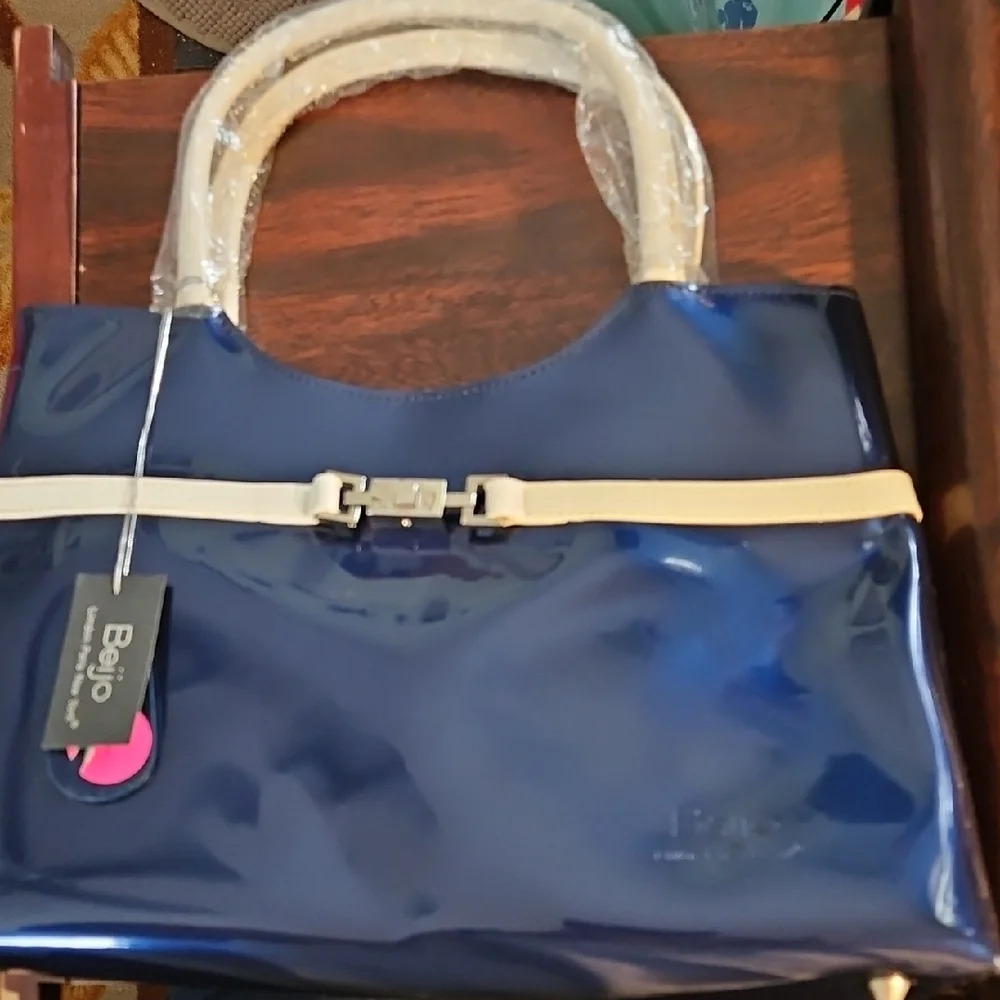 Beijo Glossy Blue and White Tote - Picture 1 of 6